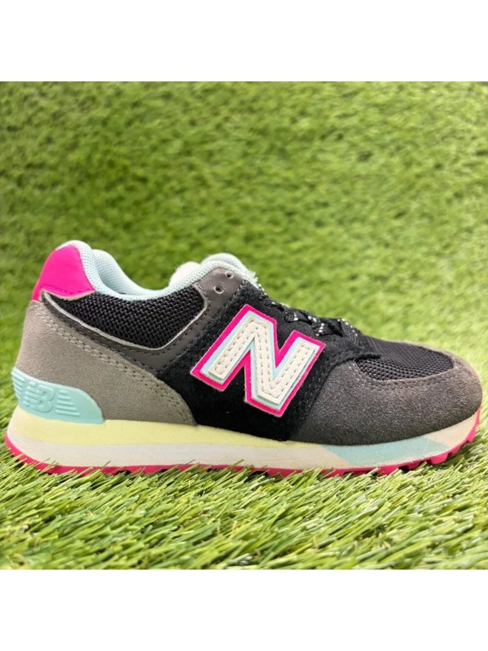 New Balance 574 Girls Size 11C Black Pink Blue Athletic Running Shoes Sneakers